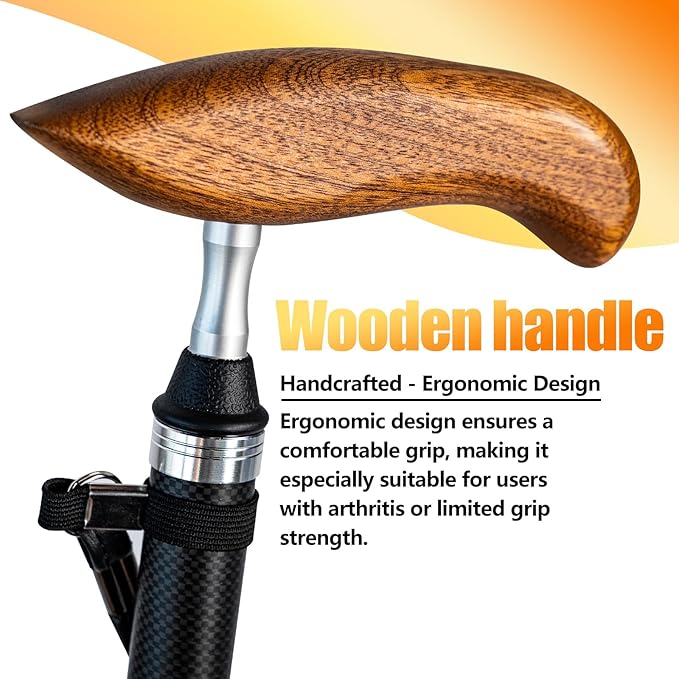 Folding Carbon Fiber Cane with Ergonomic Wooden Handle - Adjustable & Lightweight Easy to Carry Walking Stick for Elderly Men and Women, Travel Cane,Seniors Mobility Aid for Balance and Stability