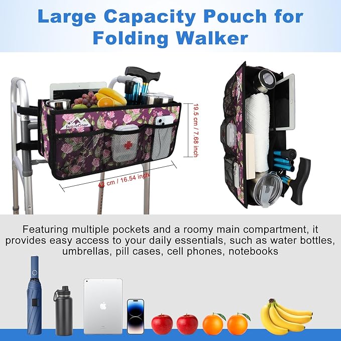 supregear Walker Basket, Foldable Walker Bag with Cup Holder, Storage Pouch with Large Capacity and Never Tipping Over, Hand-Free for Seniors Elderly, Not Fit for Rollator, Floral Purple