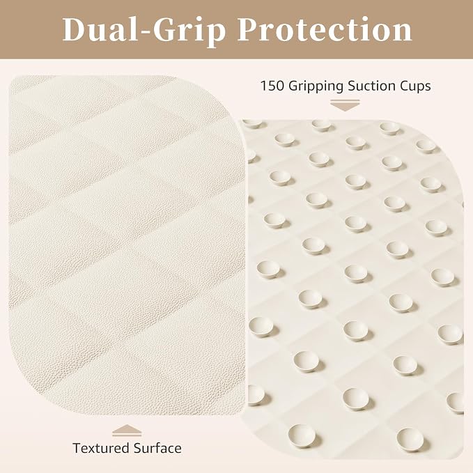Yolife Bathtub Shower Mat Non Slip, Natural Rubber Bath Tub Floor Liner Mats with Strong Suction Cups for Inside Shower Bathroom, Machine Washable, Soft on Feet, 27.5 x 17 Inch, Beige