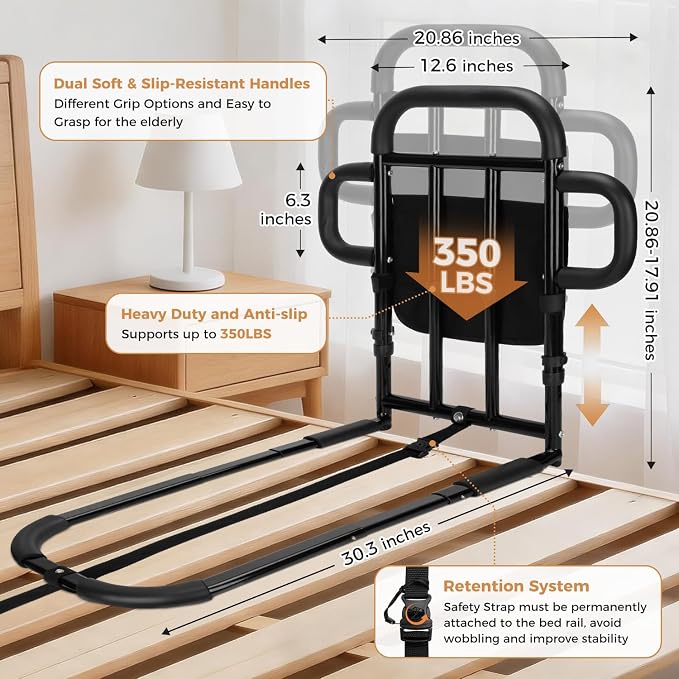 Heavy Duty Bed Rail for Elderly Adults with 2 Grab Bars, 400LBS Capacity, Adjustable Height Bed Assist Rail with Non-Slip Foam Grip, Sensor Light & Storage Pocket for King/Queen/Full/Twin Bed