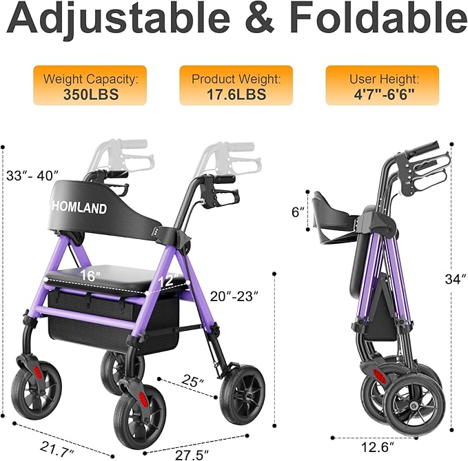 HOMLAND Walkers for Seniors with Seat, Foldable Rollator Walker, Reinforced Aluminum Frame, 8" Big Rubber Wheels for All Terrain, Height Adjustable Lightweight Rolling Walker
