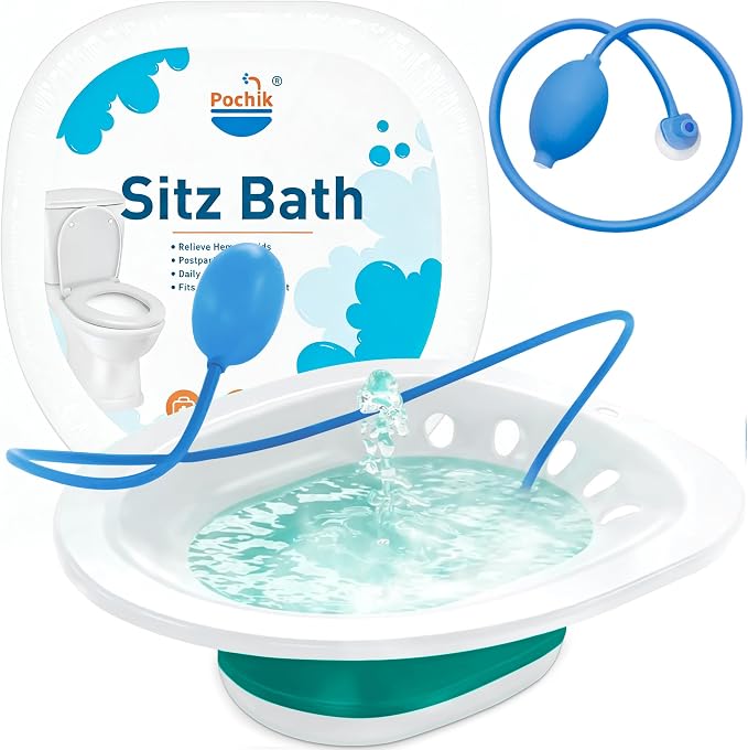 Pochik Sitz Bath for Toilet Seat Hemorrhoids and Postpartum Care, Yoni Steam Seat, Perineal Soaking, Collapsible, Flusher Hose, Drain Holes, Wider Seating Area - Green