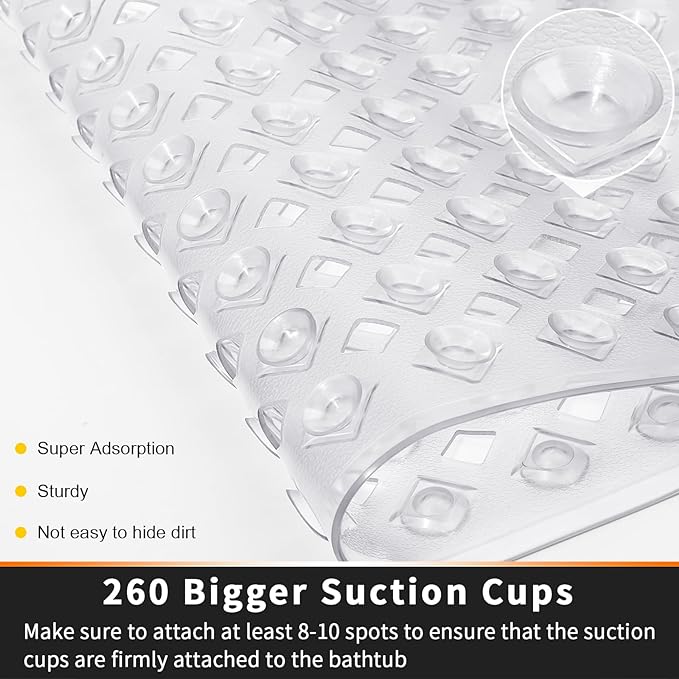 Yimobra Non Slip Bath Mat, Super Strong Suction Cups,34.5"x15.5"Long Tub Mat with Drain Holes, Machine Washable Fast Draining Shower Mats, Bathroom Essentials,Clear