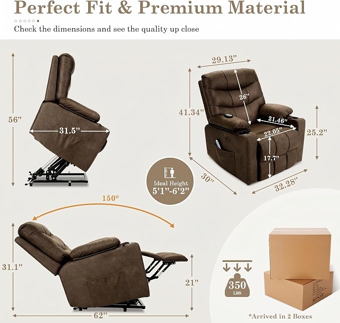 Electric Power Lift Recliner Chair for Elderly, Lift Recliner Chair with Massage and Lumbar Heat, 150° Reclining Chair with Cup Holders, Side Pockets and Remote Control, Ideal for Living Room (Brown)