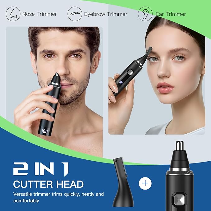 Ginity Nose Hair Trimmer for Men, 2-in-1 Rechargeable Ear and Nose Hair Trimmer with LED Display, IPX7 Waterproof Painless Precision Groomer, Type-C Charging, Professional Dual-Edge Blades（Black）