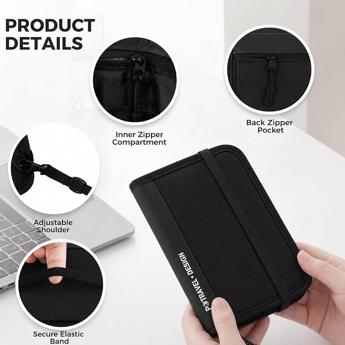 P.travel Passport Holder for Travel, RFID Blocking Passport Wallet with Adjustable Shoulder Strap, Holds 3 Passports, 4 Card Slots & AirTag Slot, Lightweight Travel Essentials for Men & Women