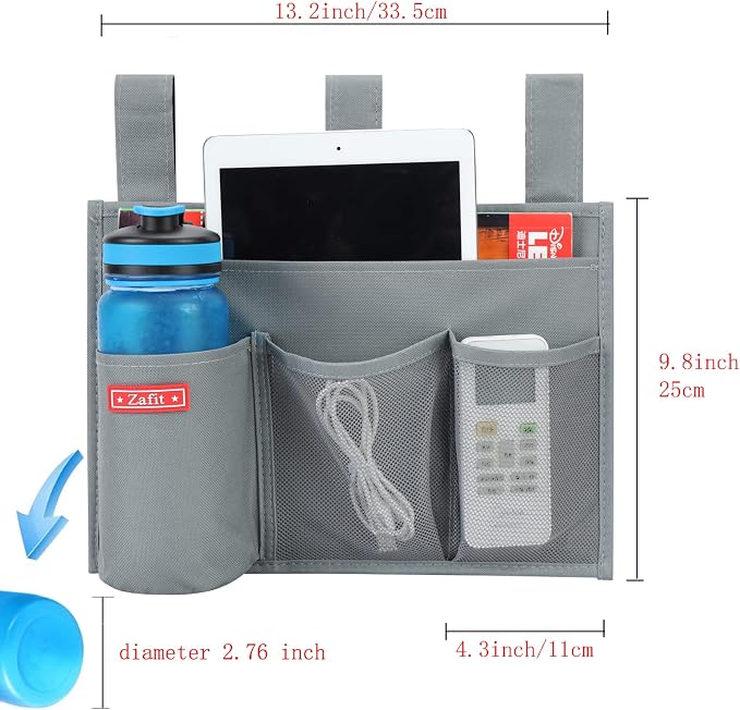 Zafit Hanging Bedside Caddy, Bedside Storage Organizer for Magazine, Phone, Remote control (4 Pockets-Grey)