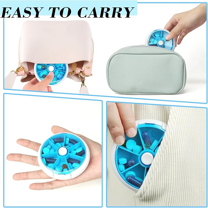 Pill Organizer Weekly 3PCS,INVODA Pill Case 7 Day 3 Times Medicine Pill Dispenser,Push Button Rotate Pill Planner with 7 Compartments