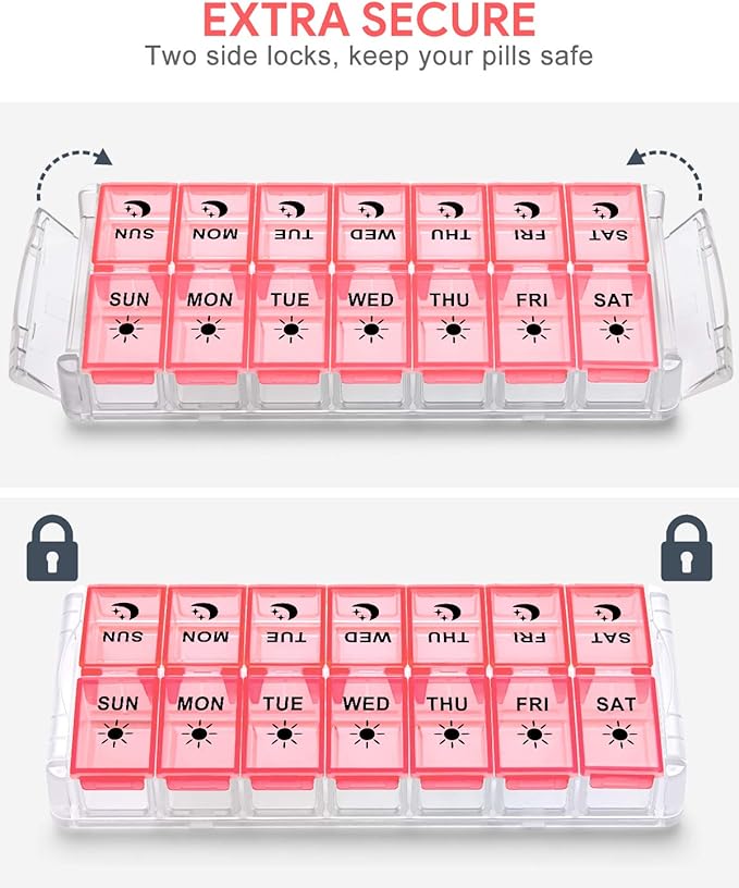 Weekly Pill Organizer 7 Day 2 Times a Day Extra Large, Quick Fill 2022 Fullicon AM PM XL Daily Pill Cases Pill Box with Detachable Base - Pink (Patent Registered)