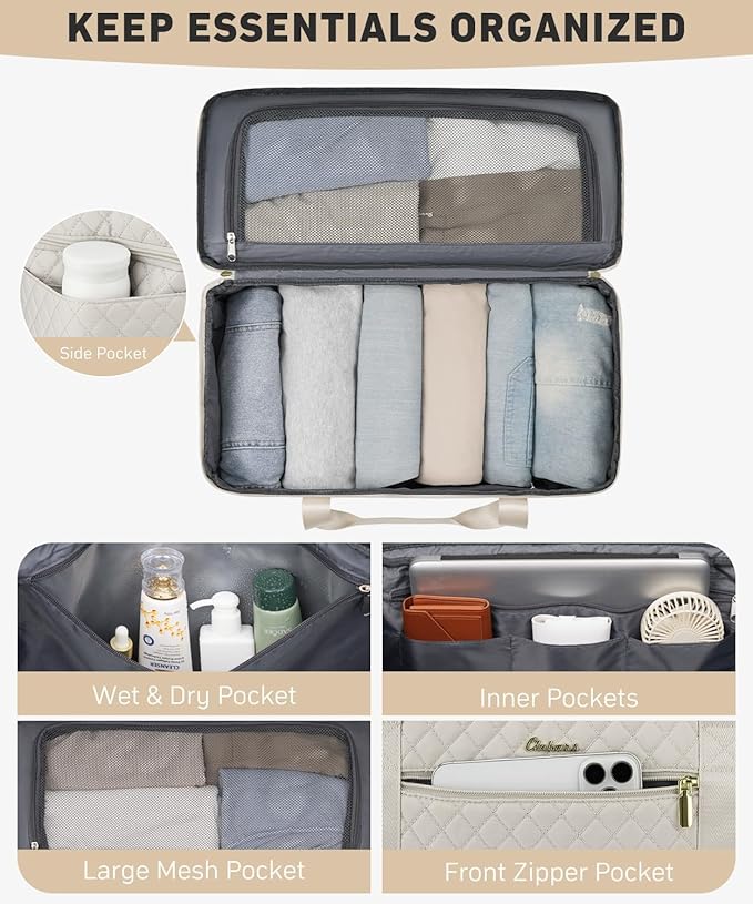 Weekender Bags for Women, Wide Open Large Travel Duffle Bag with Shoe Compartment, Overnight Hospital Bag For Women Labor Delivery, Carry on Bag Personal Item Travel Bag with Wet Pocket (Beige)