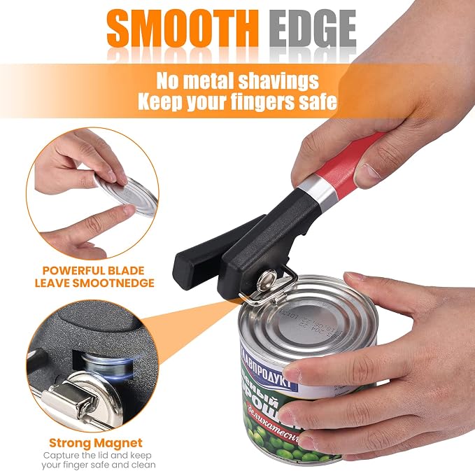 2 in 1 Safety Can Opener Manual Smooth Edge & Bottle Opener, No-Trouble-Lid-Lift Manual Can Opener with Magnet, Large Rubber Handle & Stainless Steel Blade, Side Cut Hand Can Opener for Kitchen (Red)