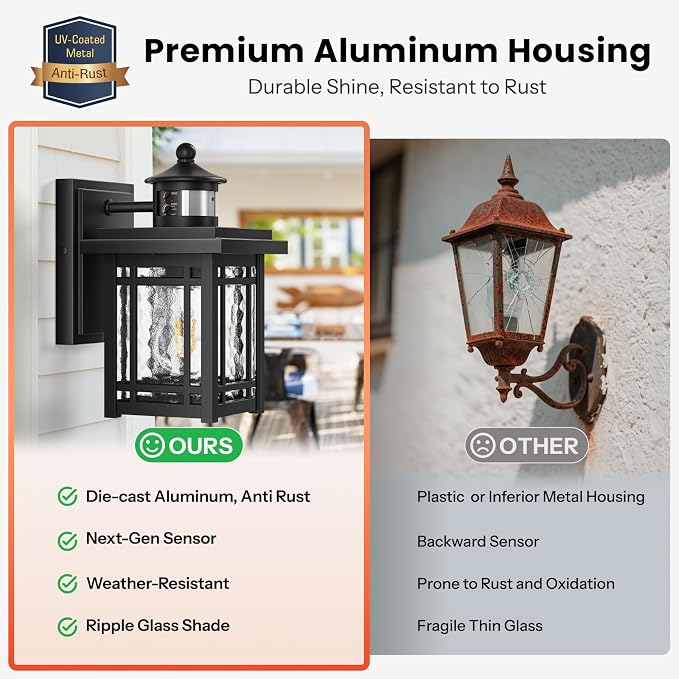 Gleamz 2-Pack Outdoor Porch Lights Wall Mount, Black Motion Sensor Outdoor Wall Lights, Aluminum Exterior Lighting Fixtures, Modern Exterior Lighting Fixtures Dusk to Dawn for Home Patio, E26 Socket