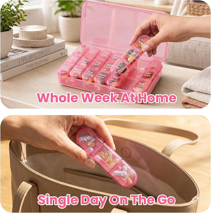 Pill Organizer 3X a Day, Medicine Pill Organizer 7 Day, Weekly Pill Case with 21 Compartments for Medicine, Vitamin and Supplement - Full Pink