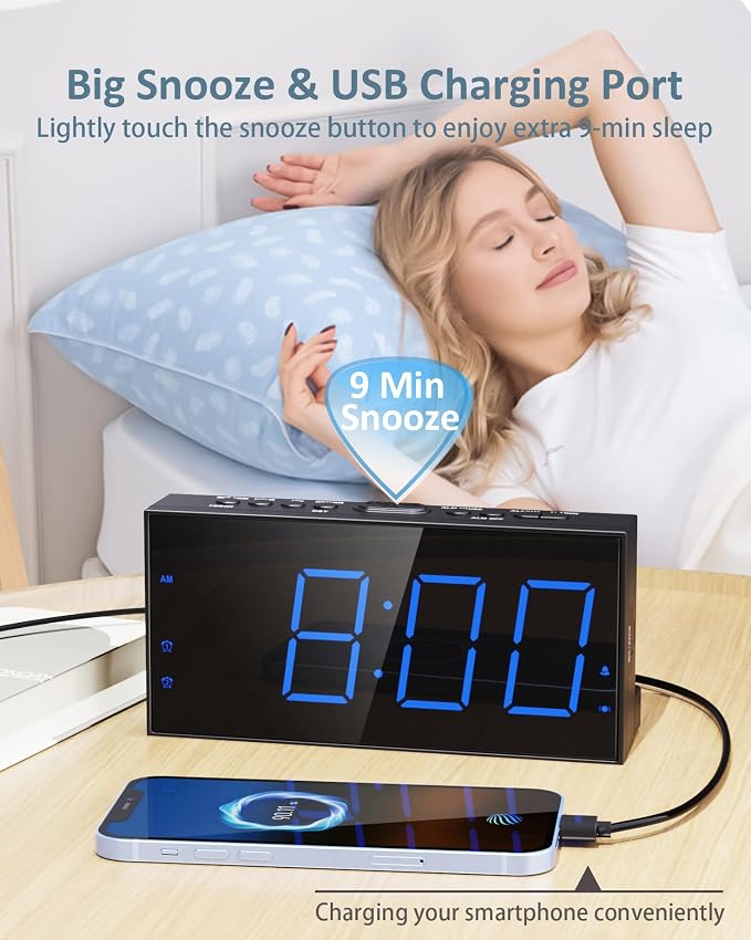 Roxicosly Alarm Clock with Bed Shaker, Vibrating Alarm Clock for Heavy Sleepers/Hard of Hearing/Deaf,Dual Alarms, 7.5’’ Large LED Display, Dimmer, USB Charging Port, Plug-in with Memory Function