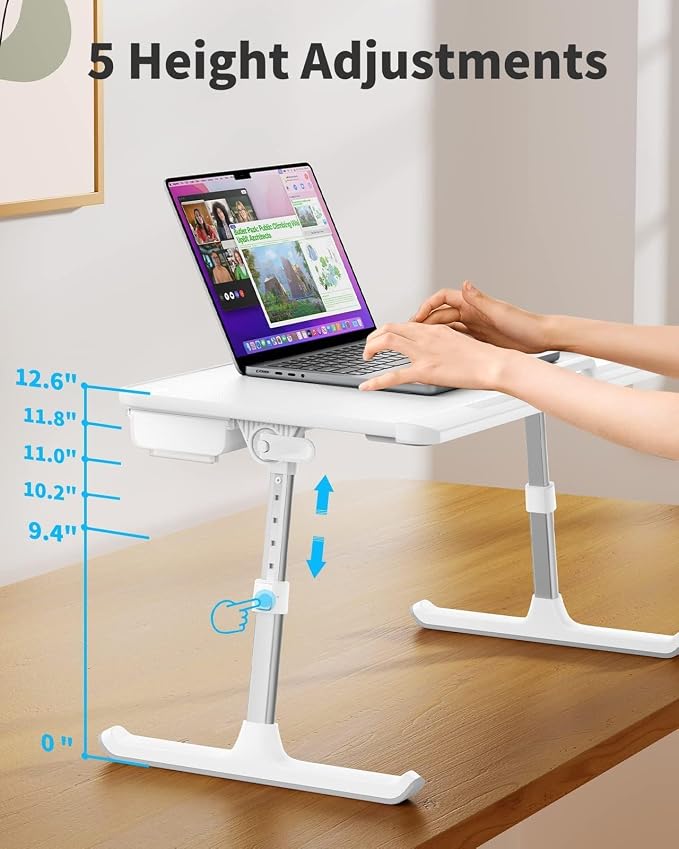 SAIJI Laptop Bed Tray Table, Adjustable PVC Leather Laptop Bed Table, Portable Standing Desk with Storage Drawer, Foldable Lap Tablet Table for Sofa Couch Floor (Large,White) | Fits 17" Laptop, Work From Home & Dorm Study, with Storage Drawer & PVC Lea...