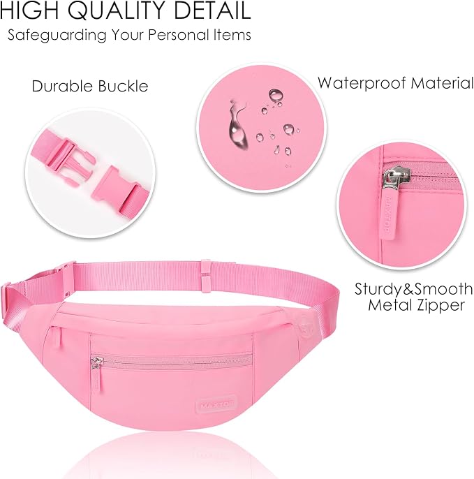 MAXTOP Large Pink Fanny Pack for Women Trendy Cross body Bag with Key Chain | 4-Zipper Pockets,Nylon,Adjustable Strap, Ideal Gift for Theme Park Shopping Traveling Running