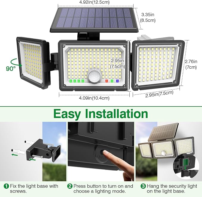 Solar Outdoor Lights Motion Sensor, 2500LM 286 LED Security Flood Lights with Visual Battery & Mode Display, 3 Lighting Modes, IP65 Waterproof 3-Head Wide Angle for Garage, Yard, Patio (4 Pack)
