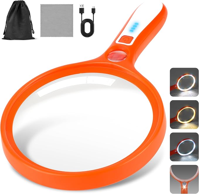 Large Magnifying Glass with Light: 5IN Handheld Illuminated Lighted Magnifier with 13 LED Lights, Rechargeable Magnifier (Orange+White, Magnifier with Light (No Case))