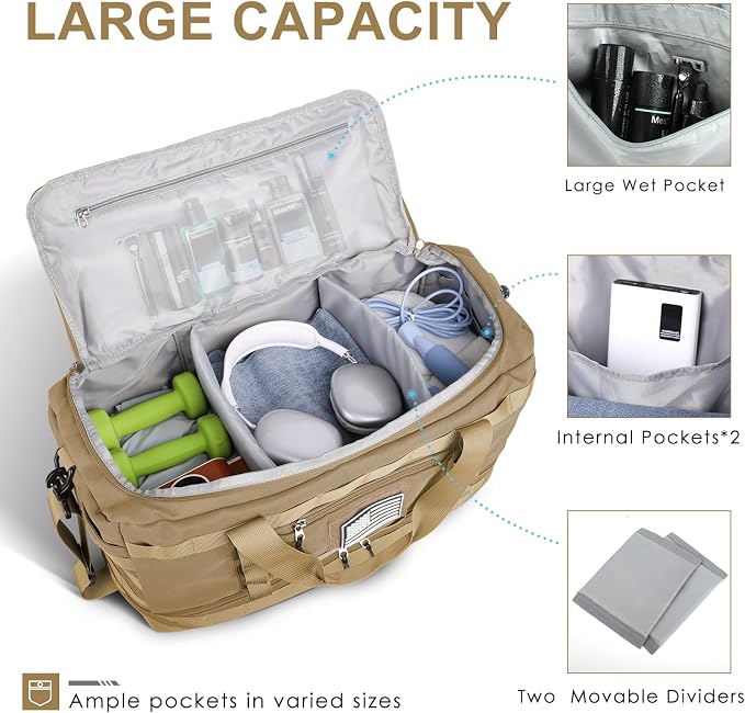 Gym Bag for Men Women, Carry on Luggage 22x14x9 Airline Approved Duffle Bag | Tactical Travel Bags with Toiletry Bag and Shoe Compartment, Weekender Overnight Duffel with Wet Pocket for Workout, Brown