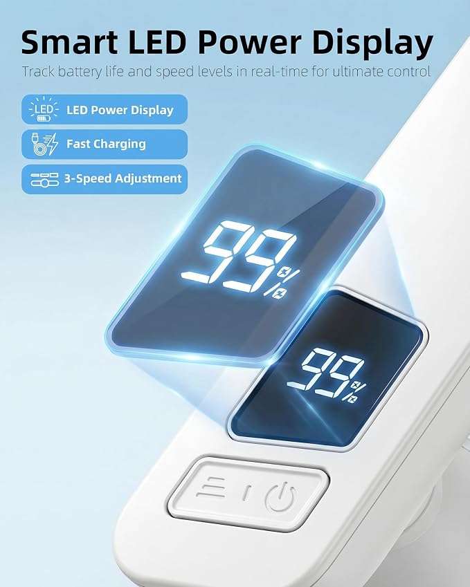 FrSara Portable Neck Fan that Blows Cold Air Rechargeable, Personal Battery Powered Cooling Device with USB TYPE-C, LED Display, Light, 3-Speed, 3000mAh, Ideal Present for Women, Men, Travel, White