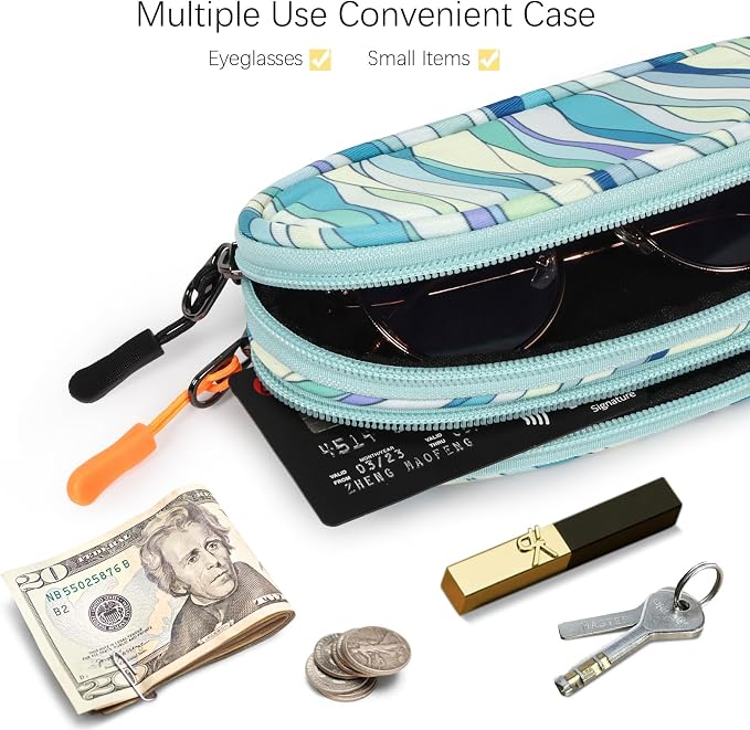 Double Eyeglasses Case Soft Portable Zipper Sunglasses Pouch with Keychain Clip for Men Women