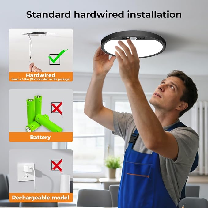 slochi 2Pack Motion Sensor Light Indoor Wired, 8.7 Inch 3000K/4000K/6500K Closet Lights Motion Sensored, 18W 1800LM Flush Mount Ceiling Light for Hallway Pantry Stairwell Porch, Black