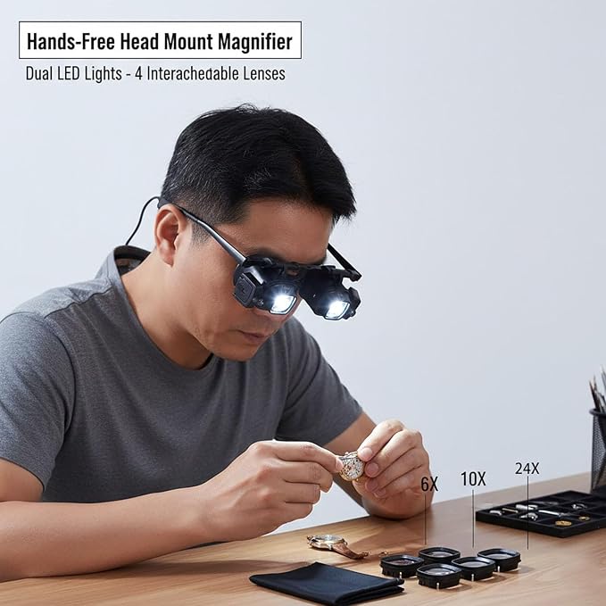 24X Headband Magnifying Glasses with 2 LED Lights, Hands-Free Head Mount Magnifier with 4 Sets of Interchangeable Lenses (2X, 6X, 10X, 24X) for Jewelry Loupe, Watch Repair, Crafting and Reading
