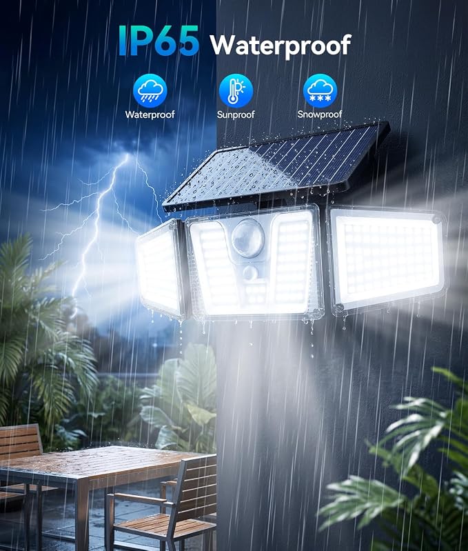 KOOPER Solar Flood Lights, 210 LED Motion Sensor Outdoor Lights, Solar Motion Lights Outdoor Waterproof, 3 Heads 300° Wide Angle Outdoor Security Lights for Yard Patio Garage Entryways, 2 Pack, Black