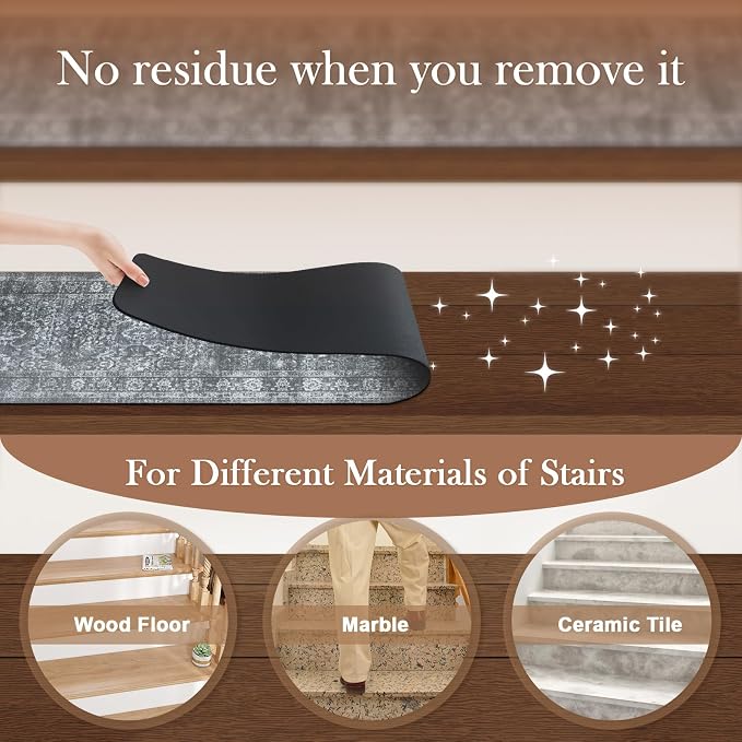OJIA Stair Treads Non-Slip Stair Runner for Wooden Steps 15PC 30"x8" | Vintage Carpet Stair Treads for Wood Steps Indoor Stair Mat Staircase Step Treads for Kids, Elders, Dogs, Stair Covers, Gray