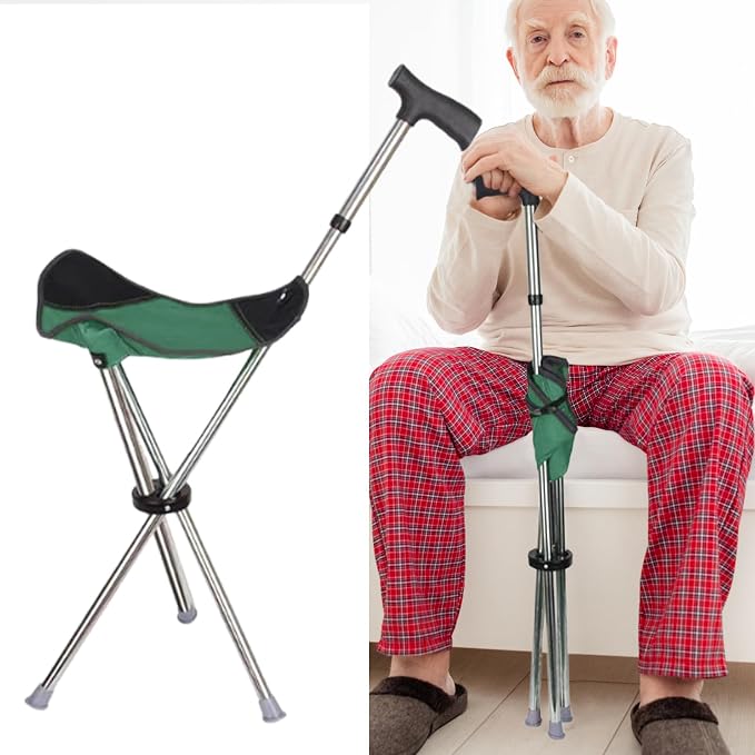 Cane with Chair - 50cm Oxford Cloth Walking Stick, Anti Slip Mobility Aid Stool, Fold Seat for Elderly Adults, Steel Frame Oxford Cloth Support | Portable Travel Hiking Camping Outdoor Convenient