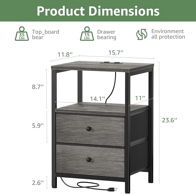 BOLUO Gray Nightstand with Charging Station, LED Night Stand with 2 Fabric Drawers, Bedside Table with USB Ports and Outlets, Nightstand for Bedroom Modern