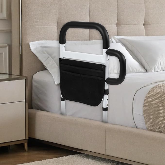 Klvied Bed Rails for Elderly Adults Safety, Adjustable Bed Side Rails with Side Handle, Bed Cane with Motion Light and Storage Bag, Fit King, Queen, Full, Twin,Medium
