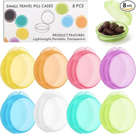 Small Pill Case, 8 Pack Round Pill Storage Boxes, Portable Tiny Pill Organizer Container for Pocket Purse, Compact Plastic Medicine Caddy Dispenser for Work, Caping, Trip, Travel - Colorful