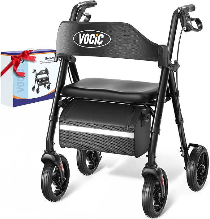 VOCIC Z21 Rollator Walker for Seniors with Seat, 8" All Terrain, 350 LBS | Lightweight Foldable & Dual Height Adjustable for Seniors, Ergonomic Arc Seat&6" Ultra Backrest Provide Comfort, Black