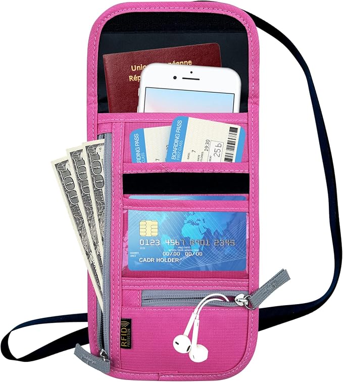 Travel Neck Wallet, RFID Blocking Passport Holder with Adjustable Neck Strap for Men and Women to Keep Cash, Credit Cards and Travel Documents Safe - Rose