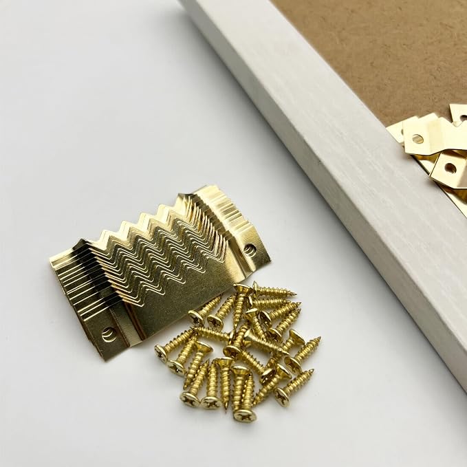 50 Pack Large Heavy Sawtooth Picture Hangers Steel Picture Hangers with Screws Picture Hang Solutions, for Hanging Clock Paintings Artwork Picture Frame Hook Photos (Gold，Supports 50 lbs)