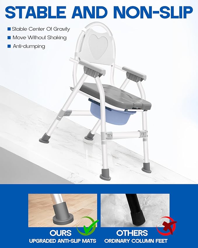 Heavy Duty 4-in-1 Portable Bedside Commode Chair for Elderly & Disabled, Extra-Wide & Adjustable Height, Folding Over-Toilet Chair with Armrests & Back Support, Holds Up to 350 lbs, Easy to Clean