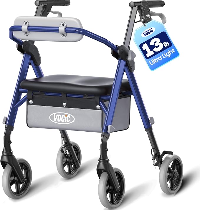 VOCIC Z12 Walker for Seniors with Seat, 13.4 LBS Ultra Light, 350 LBS | Ergo Seat & Backrest for Comfort, Height Adjustable & Easily Foldable for Seniors, All Terrain Wheels, Silver