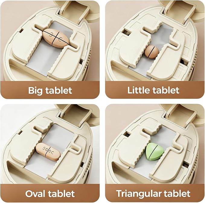 Adjustable Pill Cutter Splitter for Small and Tiny Pills, 1/2 1/4 Pill Splitter for Small Pills Vitamins Tablets, Accurate Alignment & Easy Cutting, Hidden Sharp Blade, Bottom Storage (Brown)