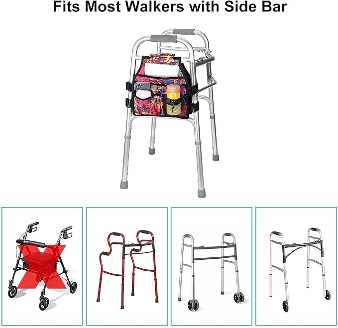 supregear Side Walker Bag, Walker Accessories Bag w/Cup Holder, Folding Walker Basket Waterproof Walker Organizer Caddy Pouch for Most Walker with Side Bar for Seniors, Elderly, Double Sided