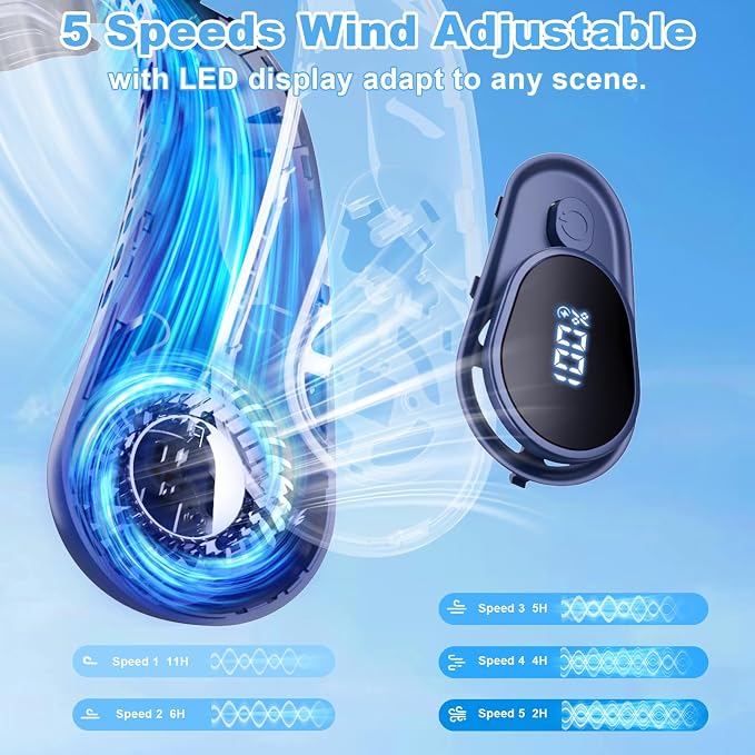 Portable Neck Fan Rechargeable - [with LED Display] 5 Speeds, 5000 mAh Battery Operated Wearable Personal Cooling Bladeless Fan for Outdoor Travel, Gifts for Men Women Kids,Dark Blue