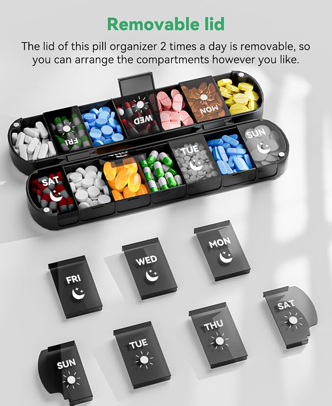 Foldable Pill Organizer 2 Times a Day, Magnetic Travel Pill Box AM PM, 7 Day Moisture-Proof Medicine Case for Vitamins, Supplements and Fish Oils, Portable Medication Planner for Purse, Bag & Pocket