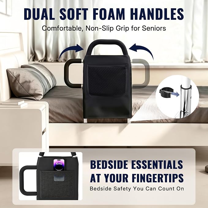 Bed Rails for Elderly Adults - ASTM Approved Adjustable Bed Cane with Non-Slip Ergonomic Handle & Storage Pocket, Bed Railings for Seniors Hold up to 350 LBS, Tool-Free