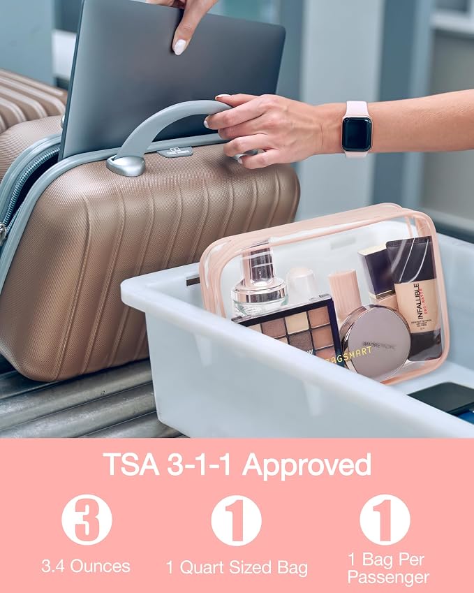 BAGSMART Clear Toiletry Bag 2-Pack TSA Approved Water-Repellent, Nude Pink | Carry on Travel Accessories Bag, Airport Airline Quart Size Bags for Women Men, Makeup Cosmetic Bag
