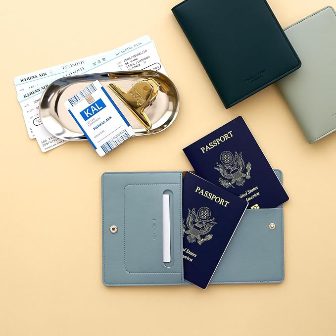 Premium RFID Blocking Leather Passport Holder & Wallet – Fog Blue | Family Travel Document Organizer – for 2 Passports, Cards, Boarding Passes & Travel Essentials