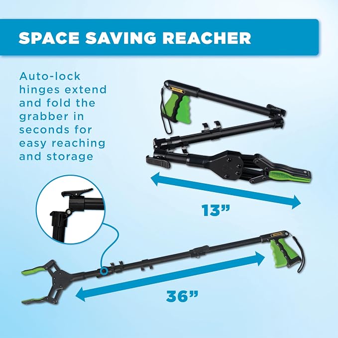 Folding Grabber Reacher Tool, 36-Inch, Green Gripper, Magnetic Tip | Heavy-Duty Trash Picker Upper & Post-Surgery Recovery Aid, Arthritis-Friendly Trigger Grip, 360-Degree Rotating Locking Head