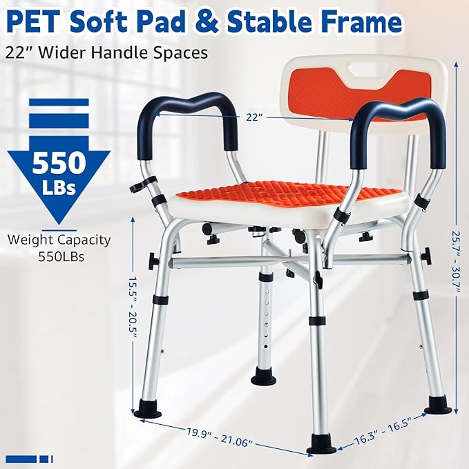 Shower Chair for Inside Shower, Padded Shower Seat Chair with Arms and Back, 6-Level Adjustable Shower Stool Chair for Elderly and Disabled, 550 LB Heavy Duty Handicap Shower Bath Chair