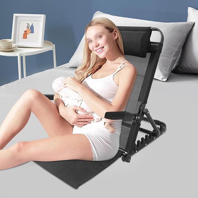 Adjustable Lifting Bed Backrest with Armrests 8-Position Adjustable, 330LBS Load Bed Back Support Chair for Reading Sleeping Watching TV, Portable Folding Floor for Elderly or Patients (Black)