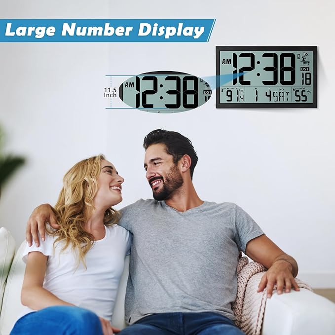 Amgico Digital Wall Clock,16.7" Large Display Atomic Clock, Battery Operated,Digital Calendar Auto Setting with Indoor Temperature, Humidity,Date,Day,Auto DST Desk Clock for Elderly Bedroom Classroom