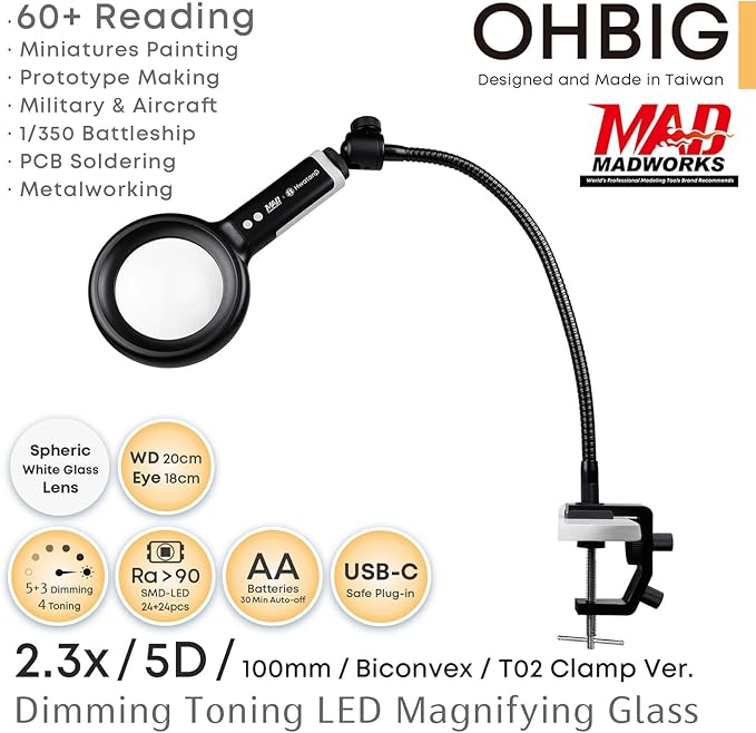 HWATANG OHBIG x MADWORKS 2.3x/5D/100mm Dimming Toning LED Magnifying Glass - K9 White Glass, Model Assembly, Soldering, Ra 94 Ring Light, 60+ Seniors Reading Magnifier (w/Desk Clamp Kit)